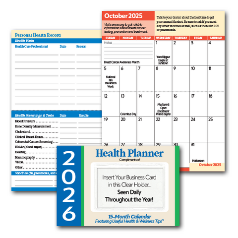 15-Month 2026 Sr. Health Pocket Calendar with FREE Front Cover Business Card Holders